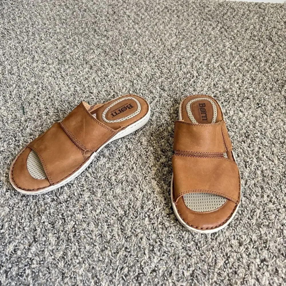 Born Men's Flores Full Grain Leather Slip-On Sandal Camel Brown Slide Sz 12 M